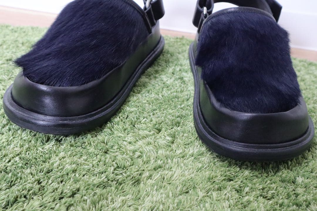 MARNI ファー サンダル フスベット　レザー　マルニ　メンズ　ネイビー