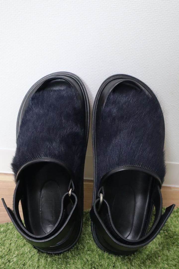 MARNI ファー サンダル フスベット　レザー　マルニ　メンズ　ネイビー