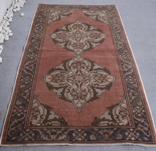 トルコ ヴィンテージラグ A4 レア ローズピンク グレージュ ブルー グレー