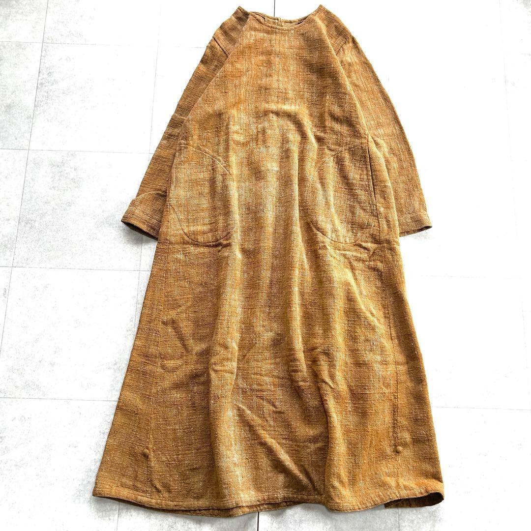 美品　うさと　usaato 天然草木染　ノーカラー　Aラインワンピース　手織り