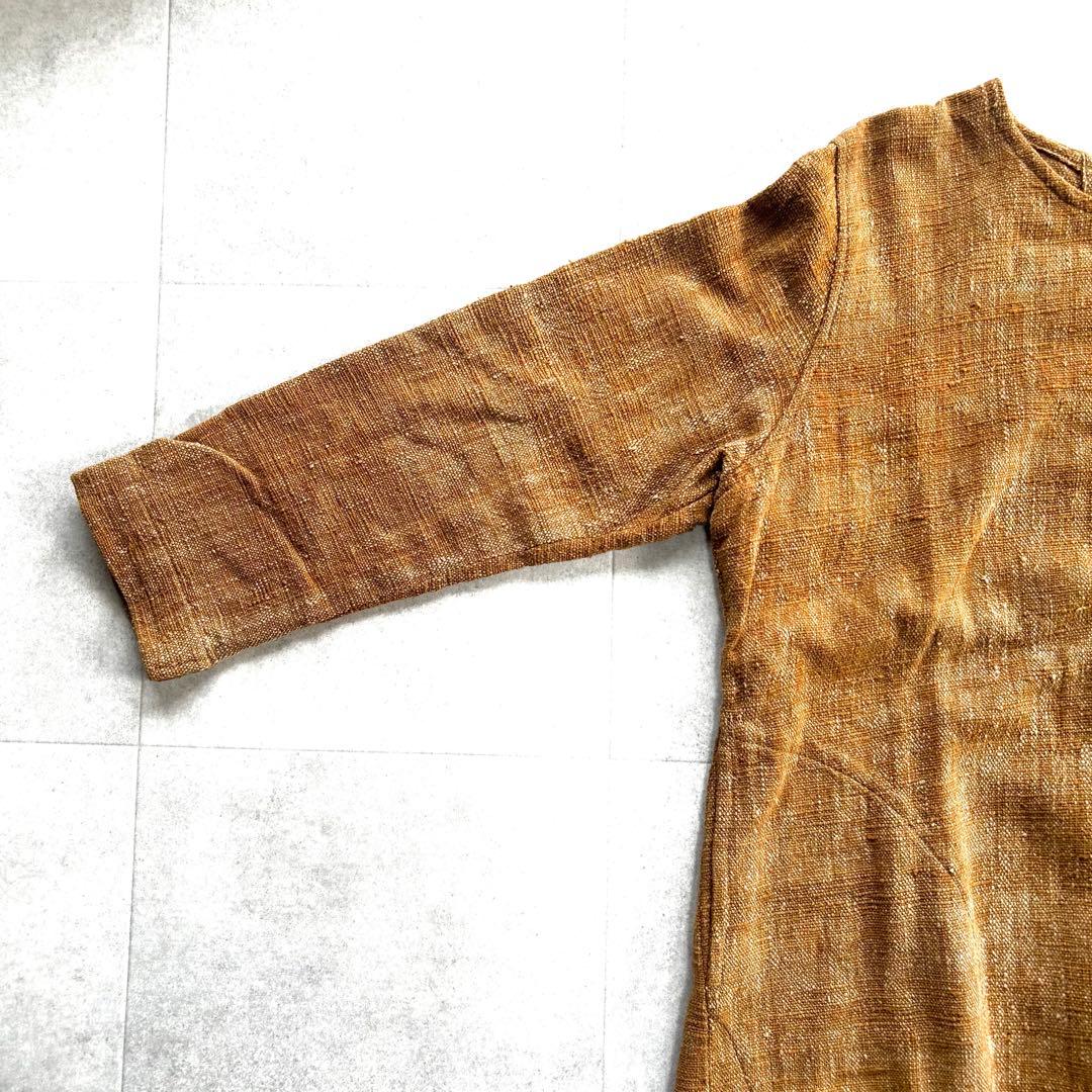 美品　うさと　usaato 天然草木染　ノーカラー　Aラインワンピース　手織り