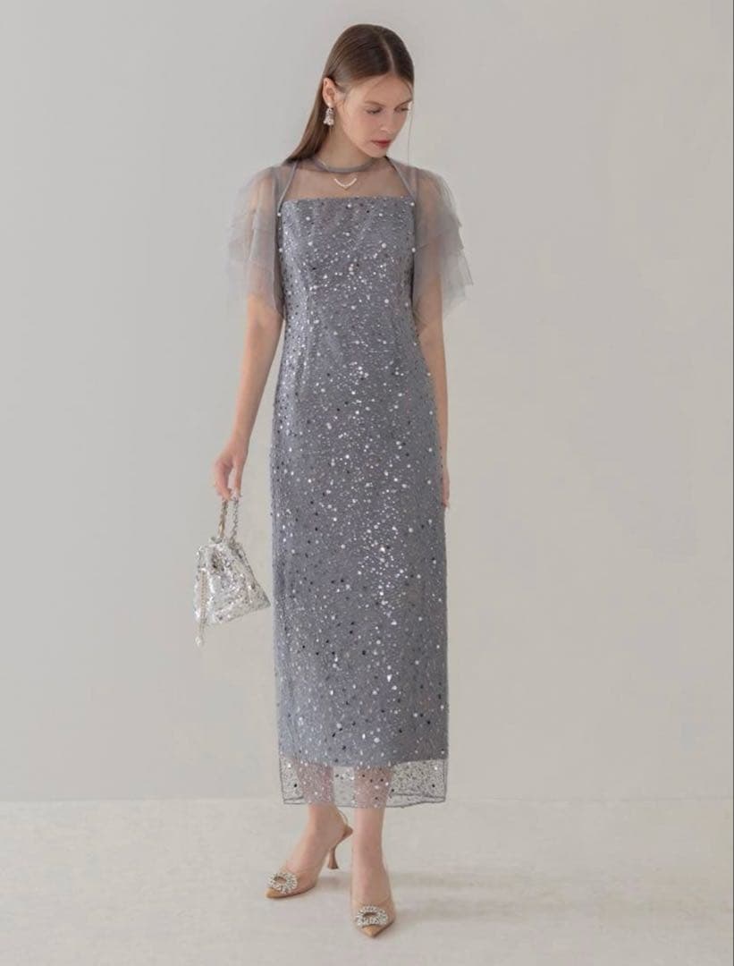 スパンコールパールミックスボレロIラインワンピースドレス結婚式パーティー成人式