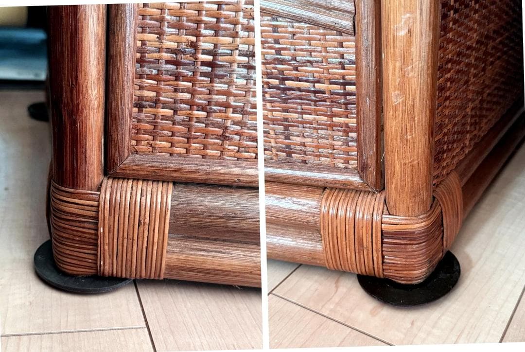 籐の箪笥 　引き出し　リモージュ陶器の取っ手　大容量　美しい箪笥です