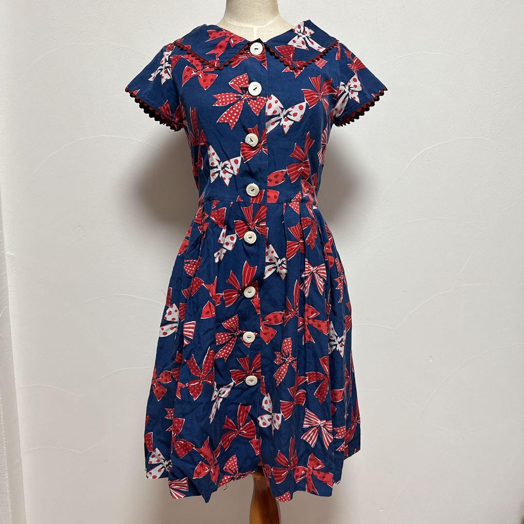 ジェーンマープル　リボン柄半袖ワンピース ネイビー