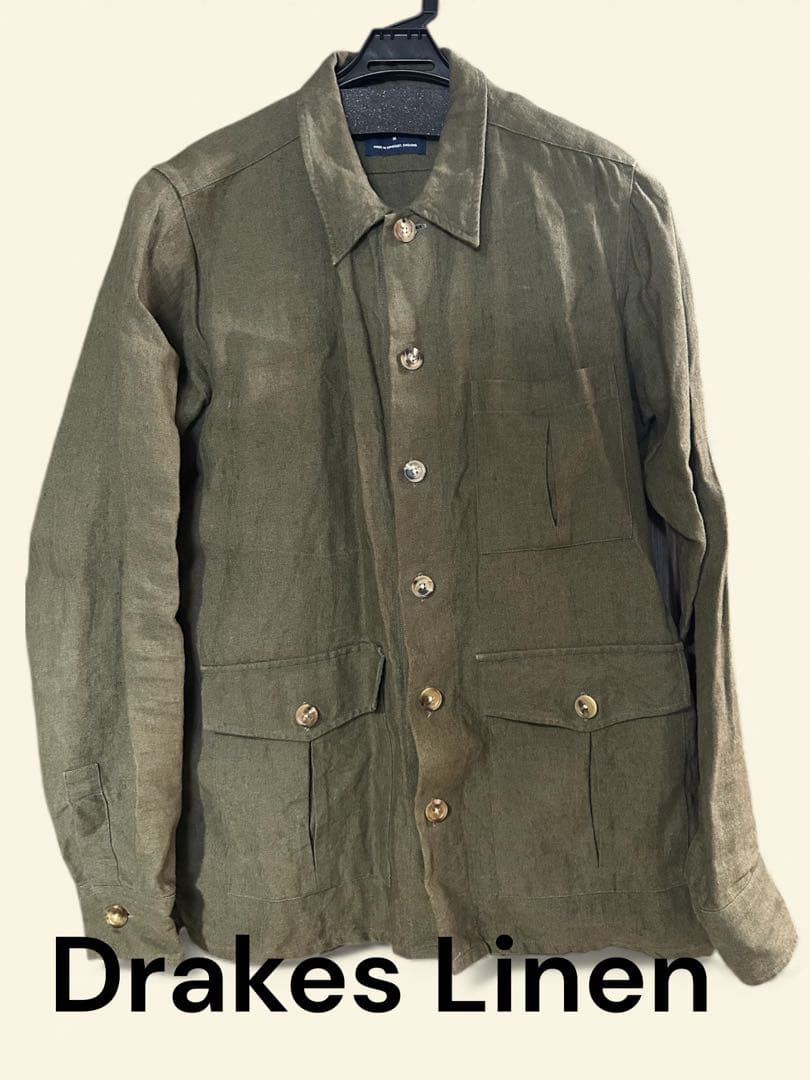 Drakes Linen オリーブ リネンオーバーシャツ