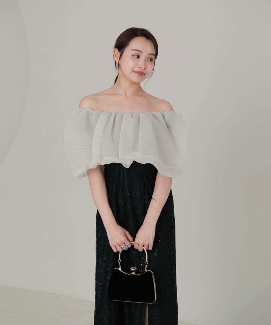 新品【LEJA】2WAYオフショルダーパフスリーブスリットIラインロングドレス