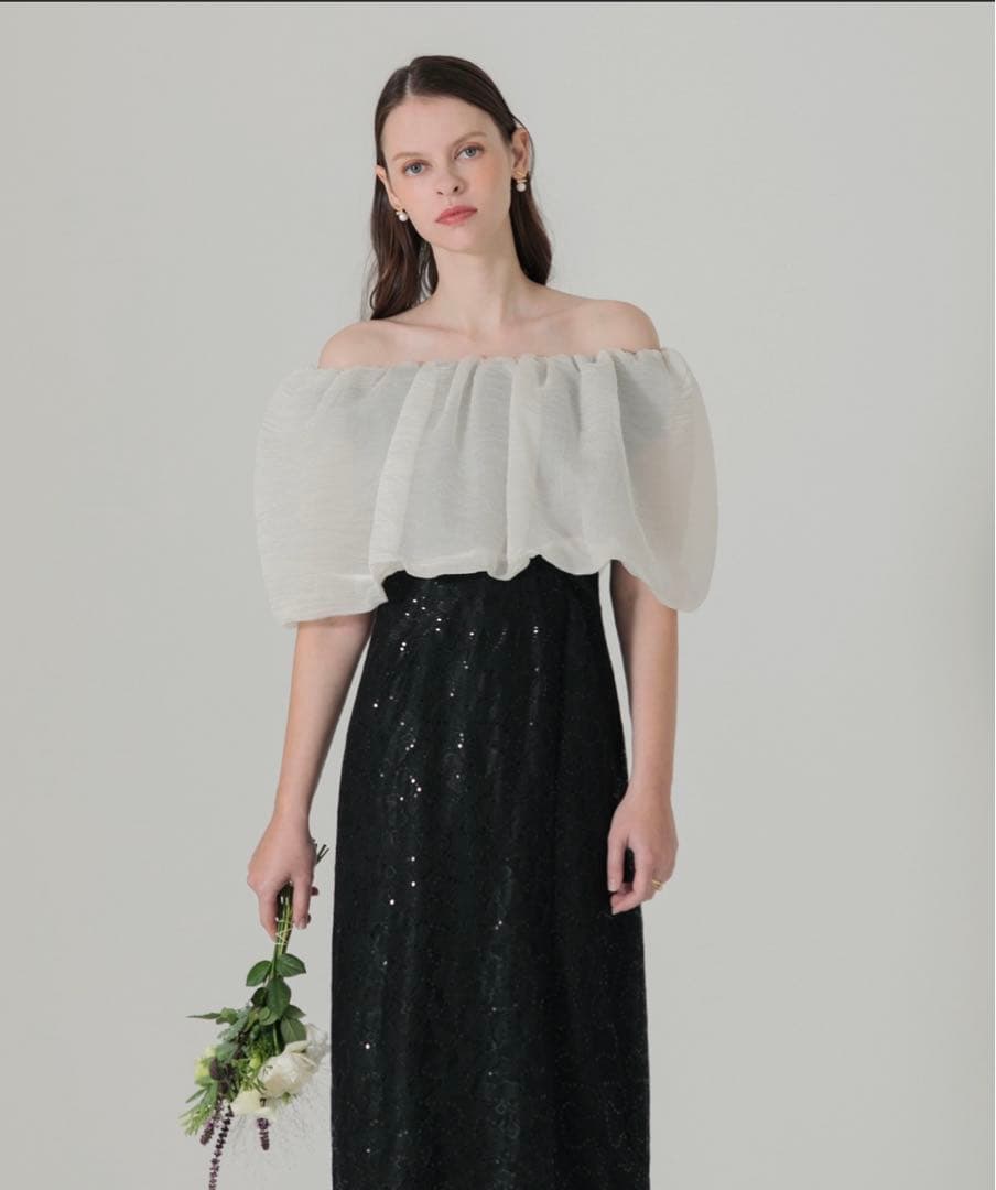 新品【LEJA】2WAYオフショルダーパフスリーブスリットIラインロングドレス