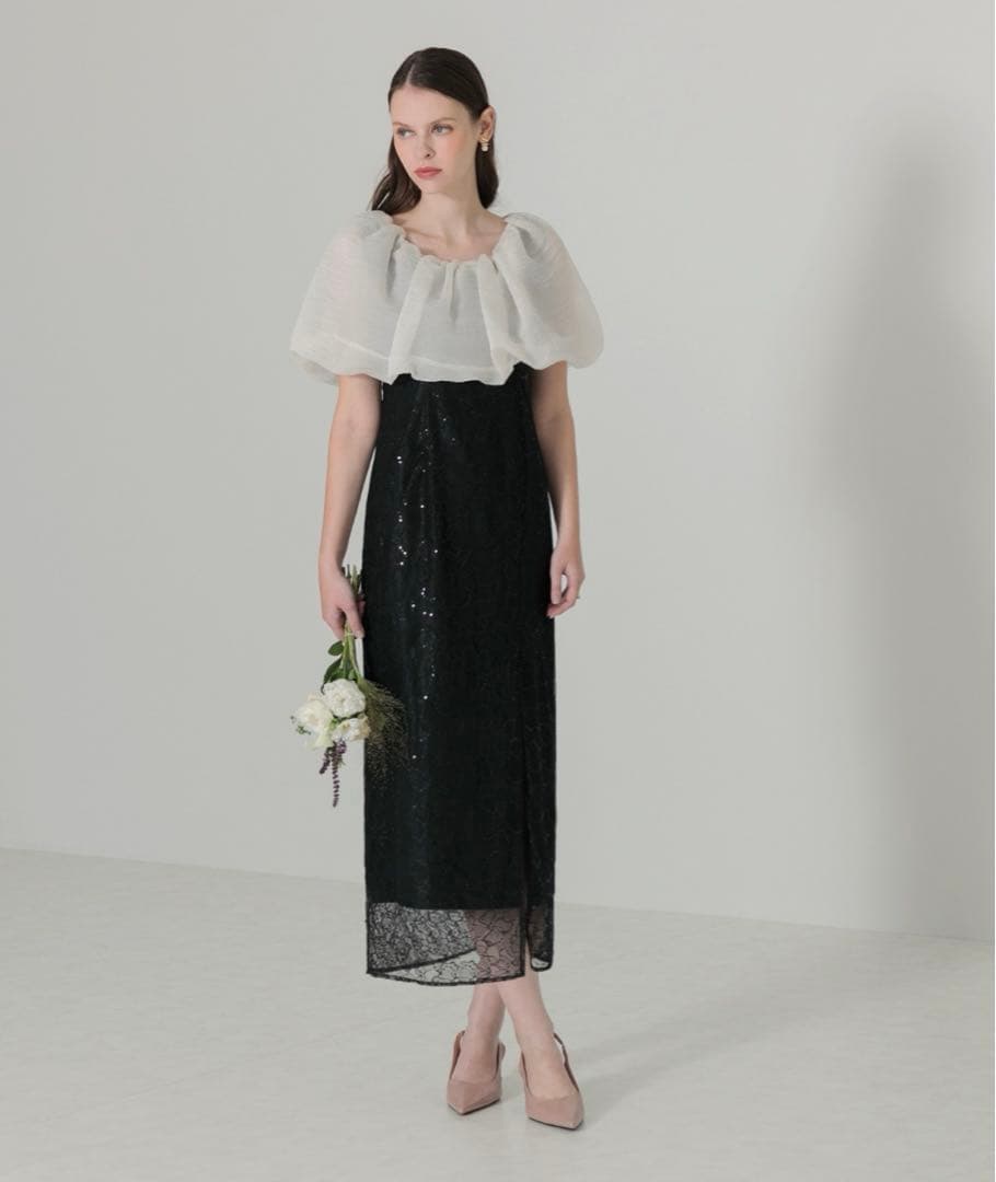 新品【LEJA】2WAYオフショルダーパフスリーブスリットIラインロングドレス