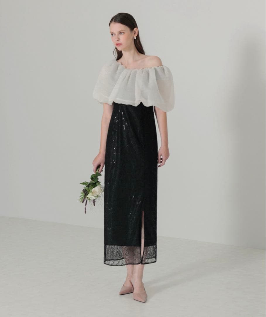 新品【LEJA】2WAYオフショルダーパフスリーブスリットIラインロングドレス