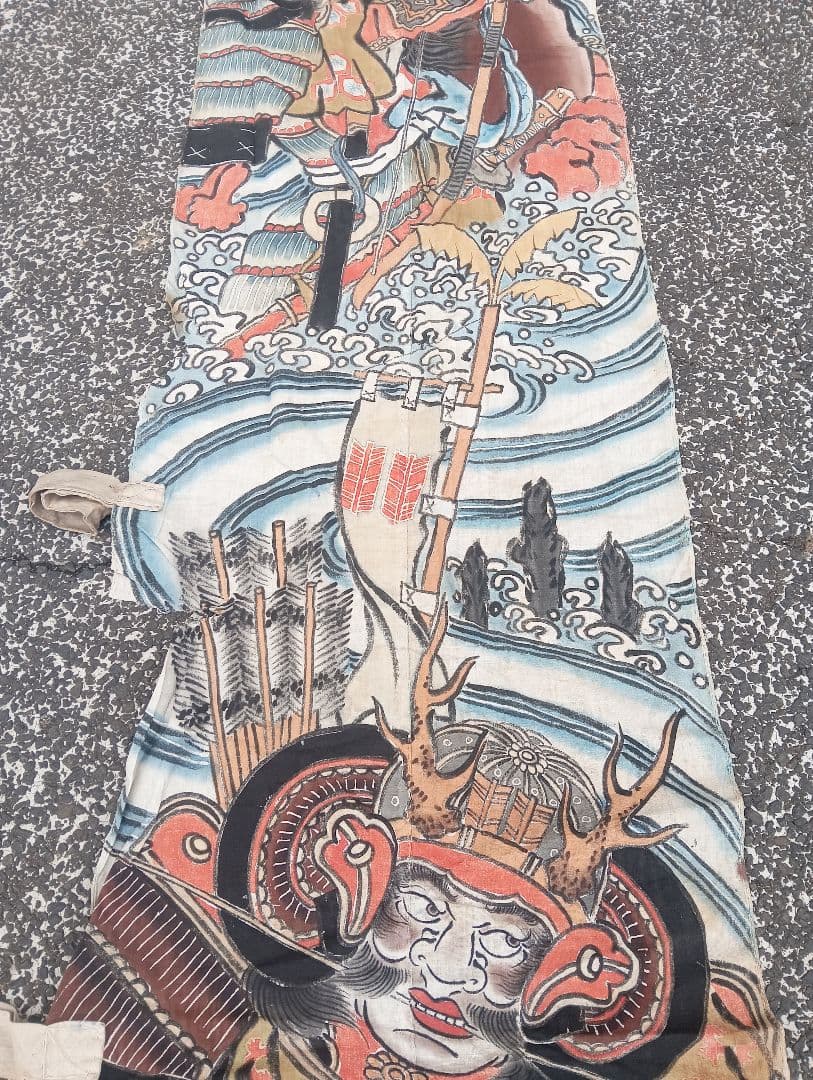 武者絵 兜武者 馬 手描き のぼり旗 木綿 リメイク 古布 古裂 　明治