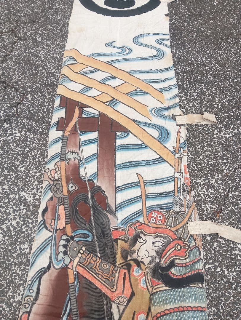 武者絵 兜武者 馬 手描き のぼり旗 木綿 リメイク 古布 古裂 　明治