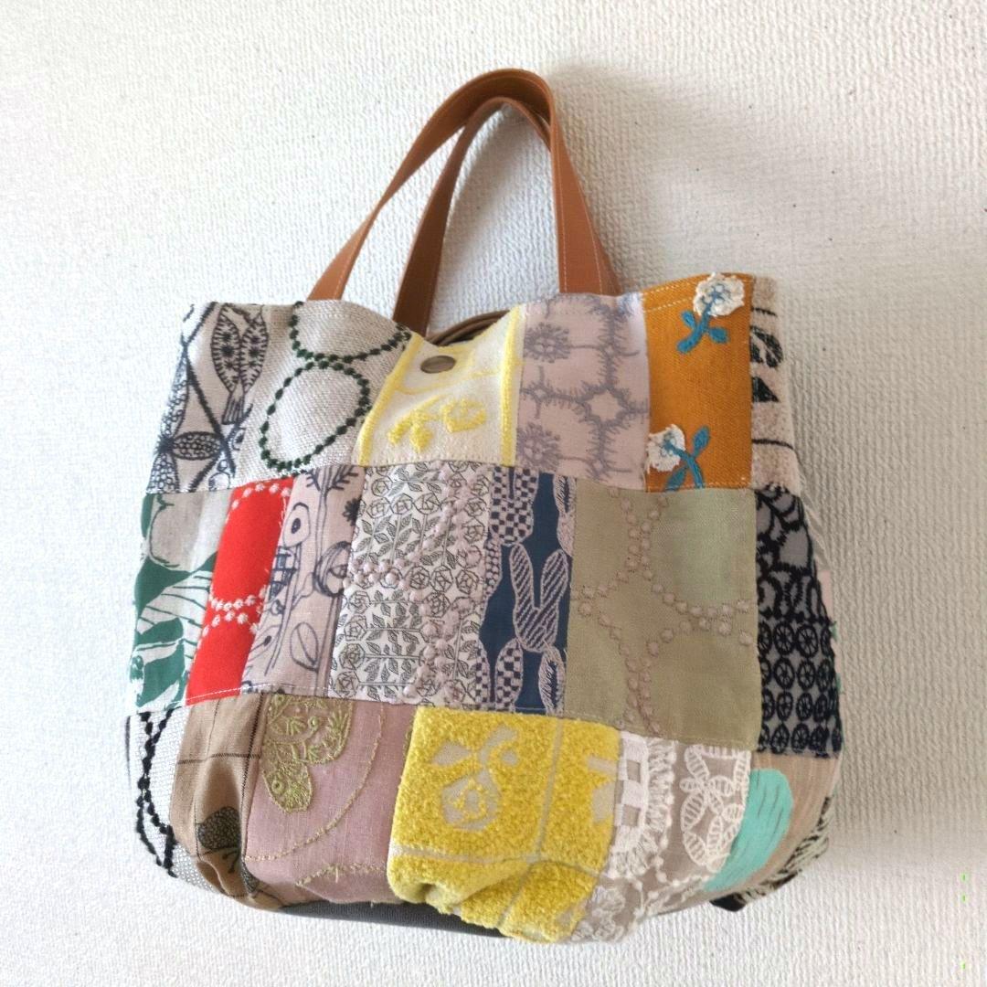 モザイクパッチの巾着付きバケツバッグ＊ミナペルホネン