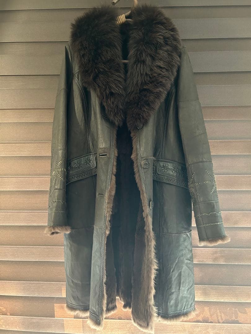 ラビット 毛皮 レザー ロングコート フォックス ファー ステッチ