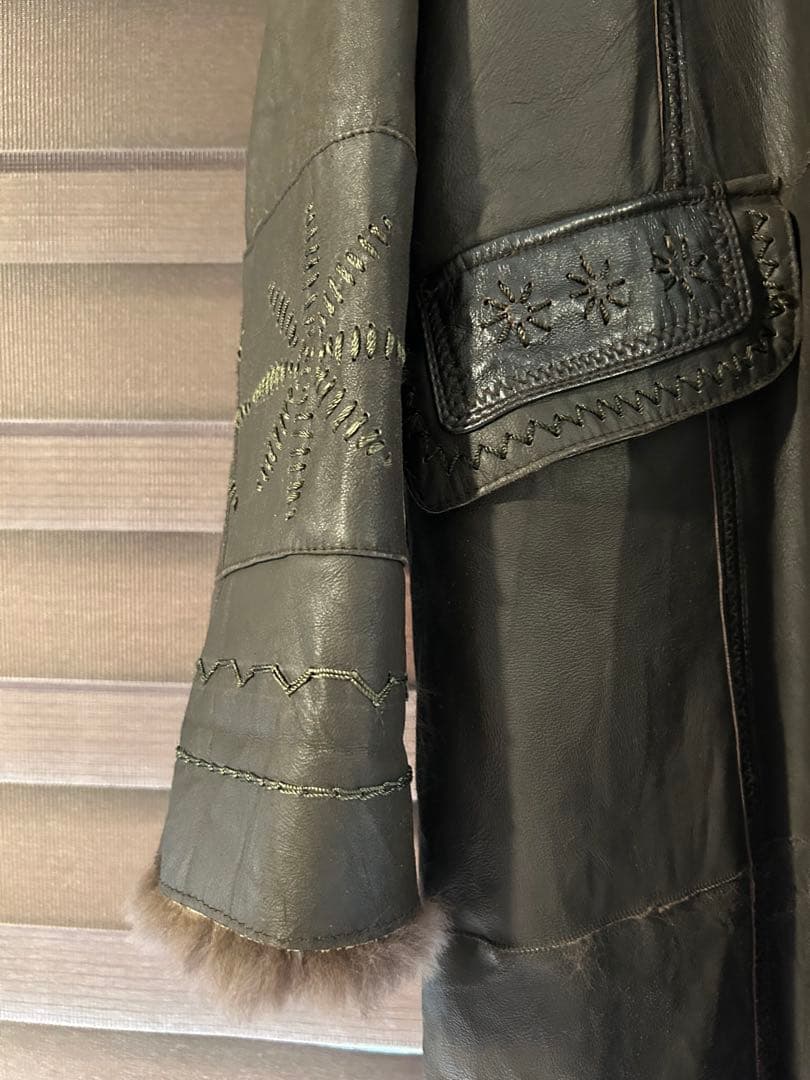 ラビット 毛皮 レザー ロングコート フォックス ファー ステッチ