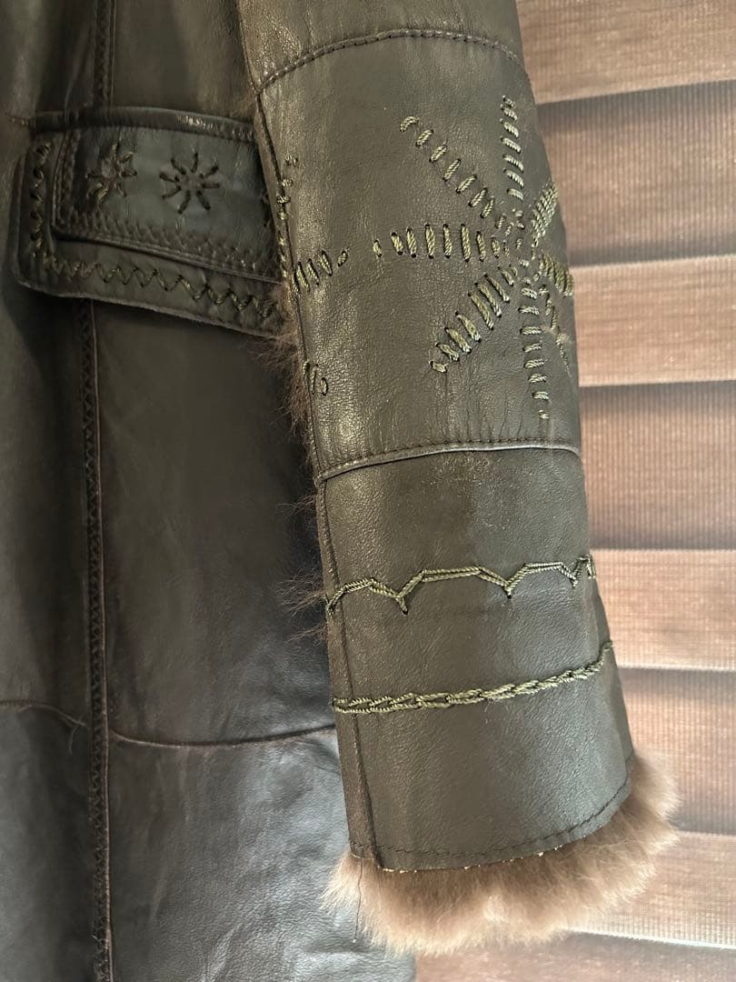 ラビット 毛皮 レザー ロングコート フォックス ファー ステッチ