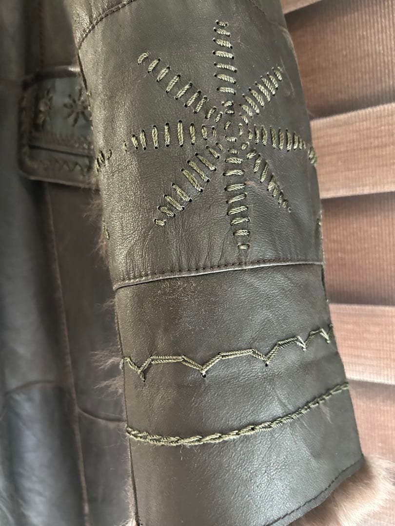 ラビット 毛皮 レザー ロングコート フォックス ファー ステッチ