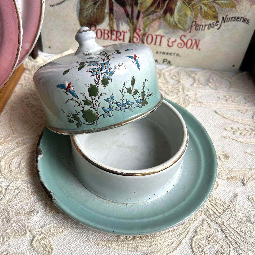 フランスアンティーク　手描きホーローバターポット