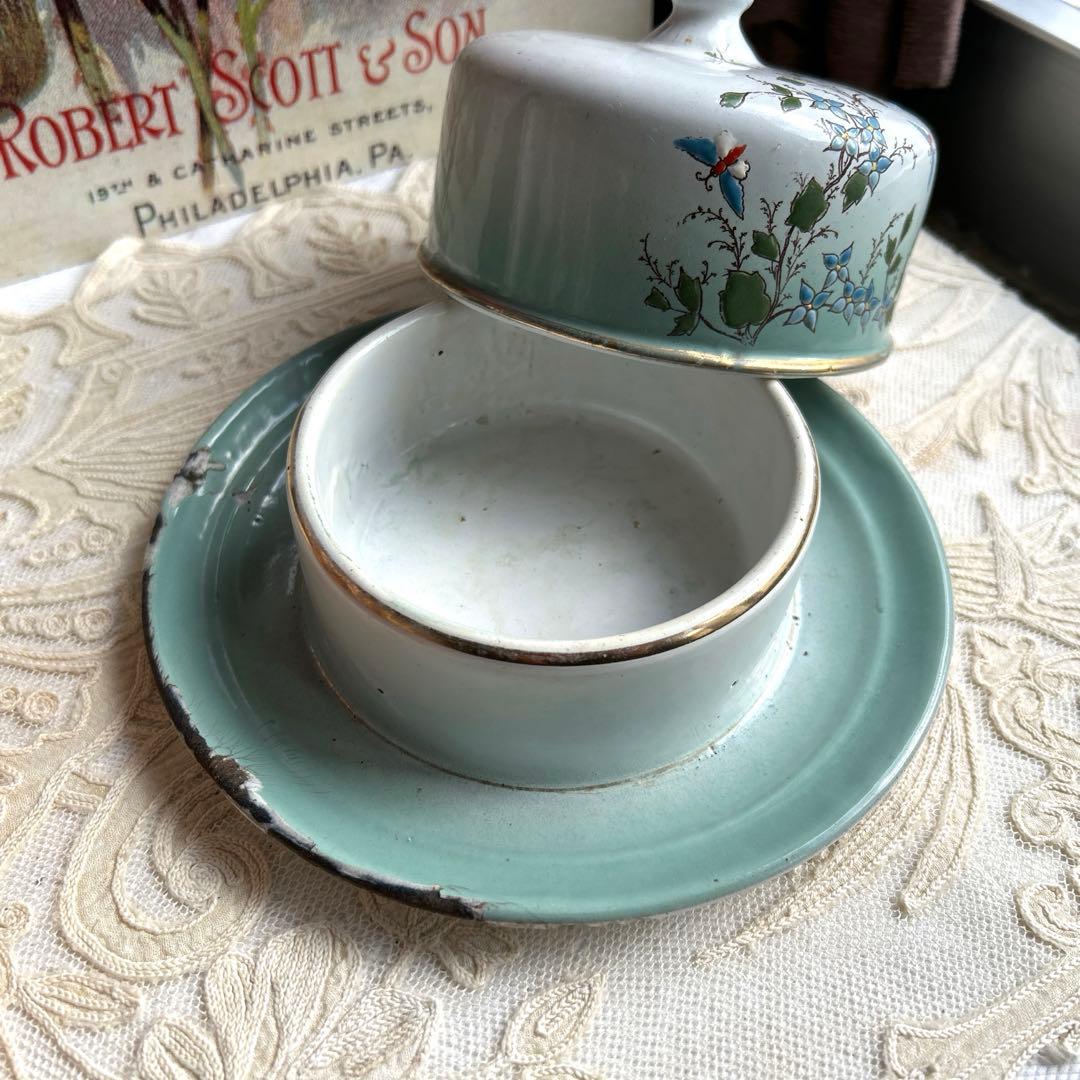 フランスアンティーク　手描きホーローバターポット