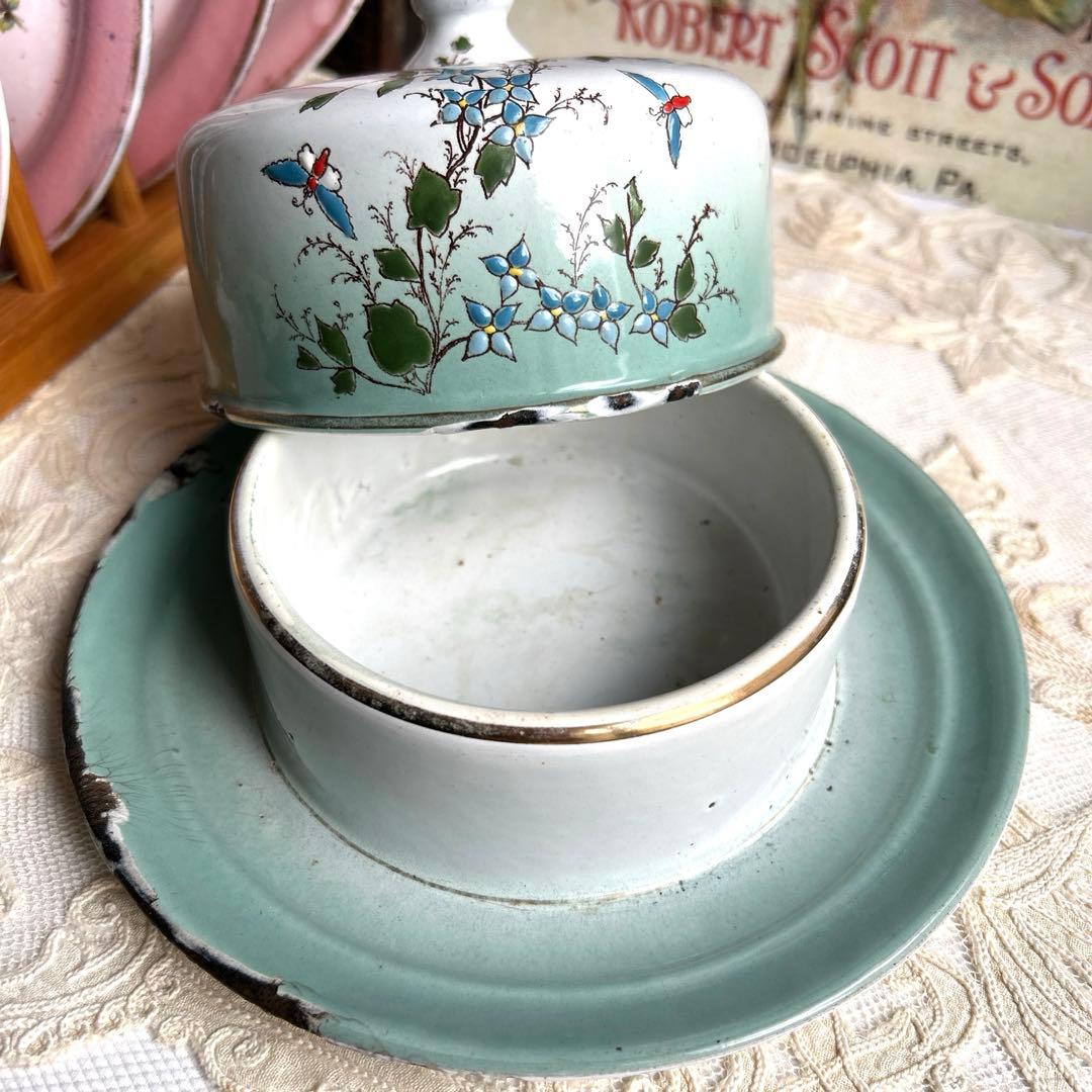 フランスアンティーク　手描きホーローバターポット