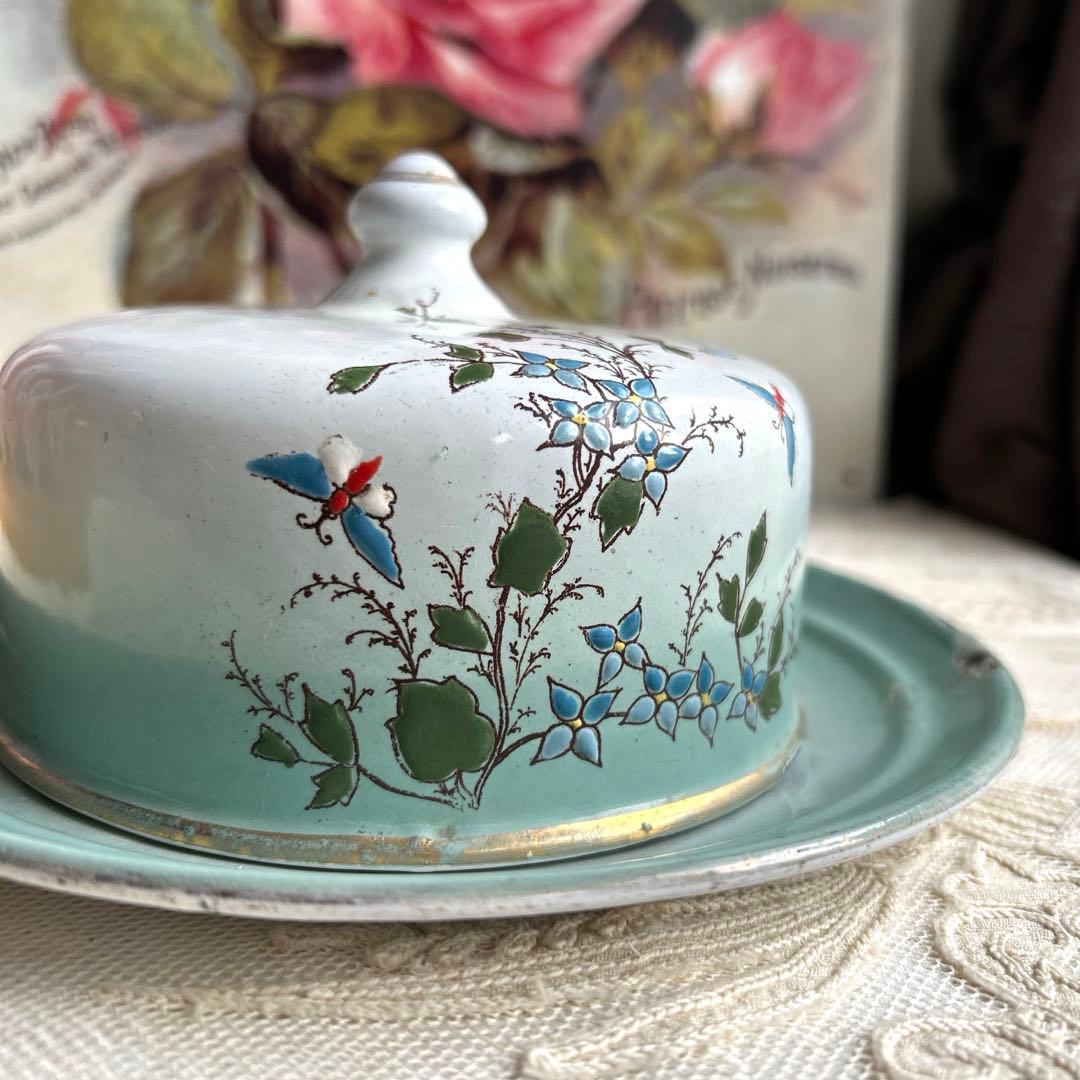 フランスアンティーク　手描きホーローバターポット