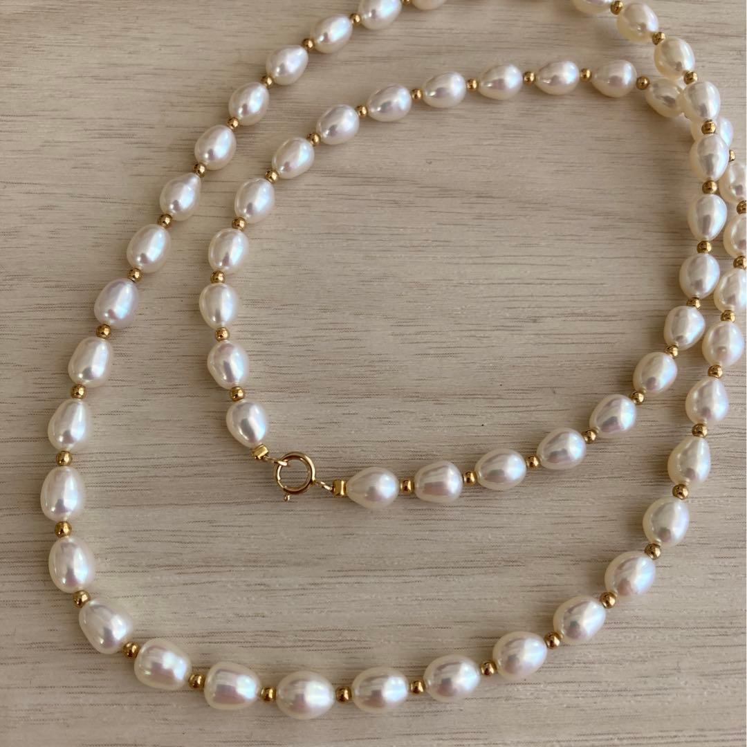 パール ネックレス 本真珠 テリ強 14金　585刻印　ロング　淡水パール　美品