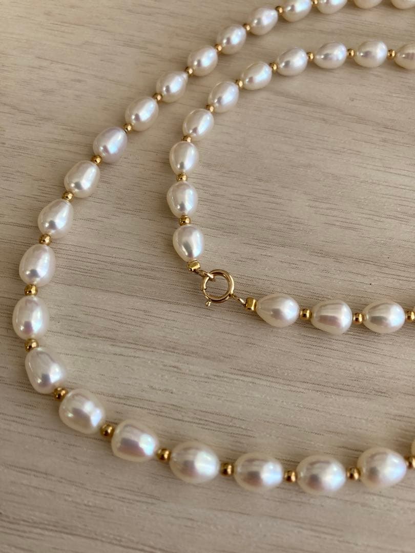 パール ネックレス 本真珠 テリ強 14金　585刻印　ロング　淡水パール　美品