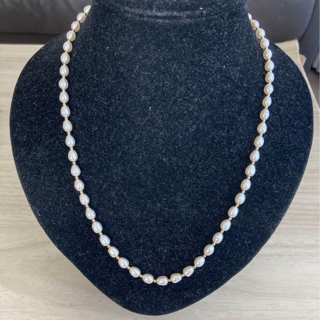 パール ネックレス 本真珠 テリ強 14金　585刻印　ロング　淡水パール　美品