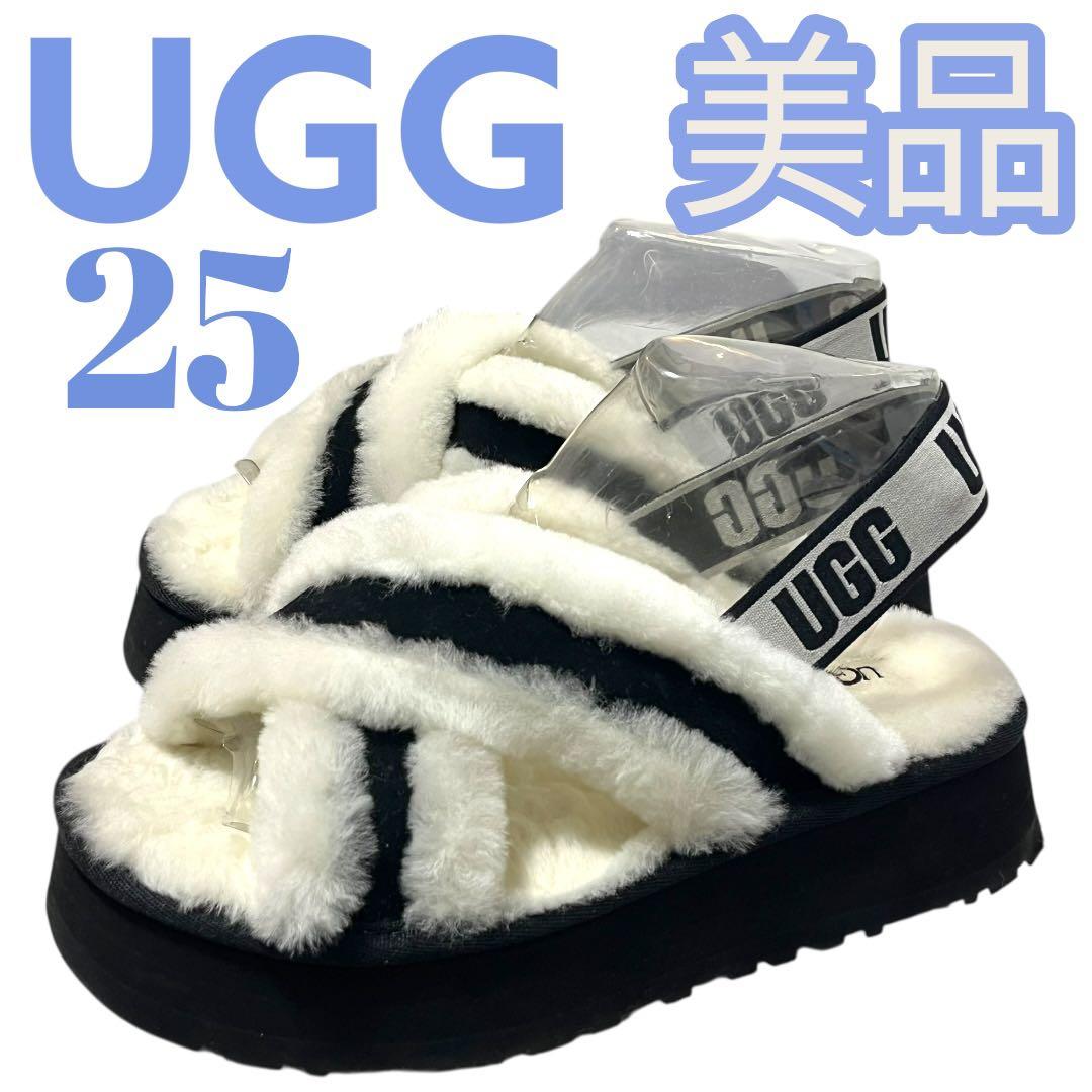 美品　アグ　UGG ディスコクロススライド　サンダル　ファー　25cm 白　黒