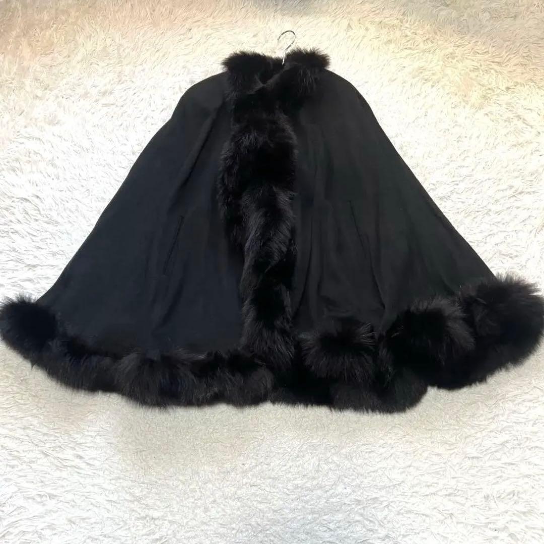 美品 裾周り325cm ブルーフォックス カシミヤ100 ポンチョ ケープ 大判