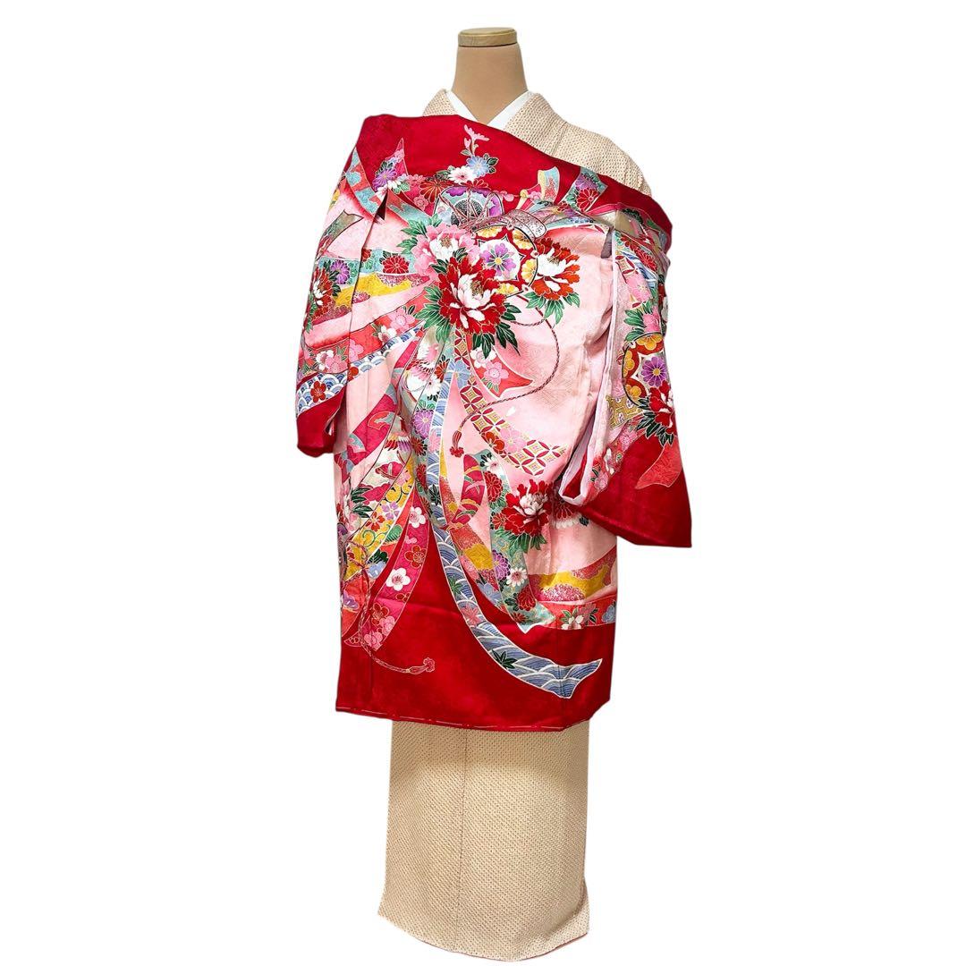 着物　お宮参り　産着　祝着　赤　つづみ　束ね熨斗　四季草花　女の子　襦袢付き