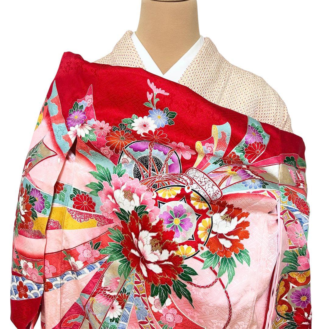 着物　お宮参り　産着　祝着　赤　つづみ　束ね熨斗　四季草花　女の子　襦袢付き