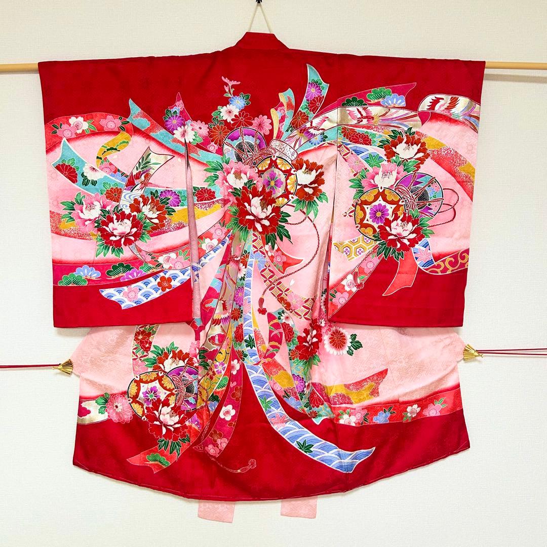 着物　お宮参り　産着　祝着　赤　つづみ　束ね熨斗　四季草花　女の子　襦袢付き