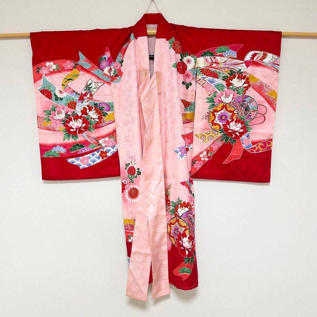 着物　お宮参り　産着　祝着　赤　つづみ　束ね熨斗　四季草花　女の子　襦袢付き