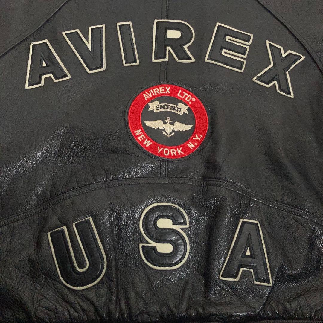 AVIREX スタジャン ラムレザー アーチロゴ 黒 S.