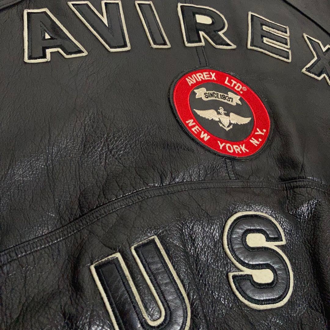 AVIREX スタジャン ラムレザー アーチロゴ 黒 S.