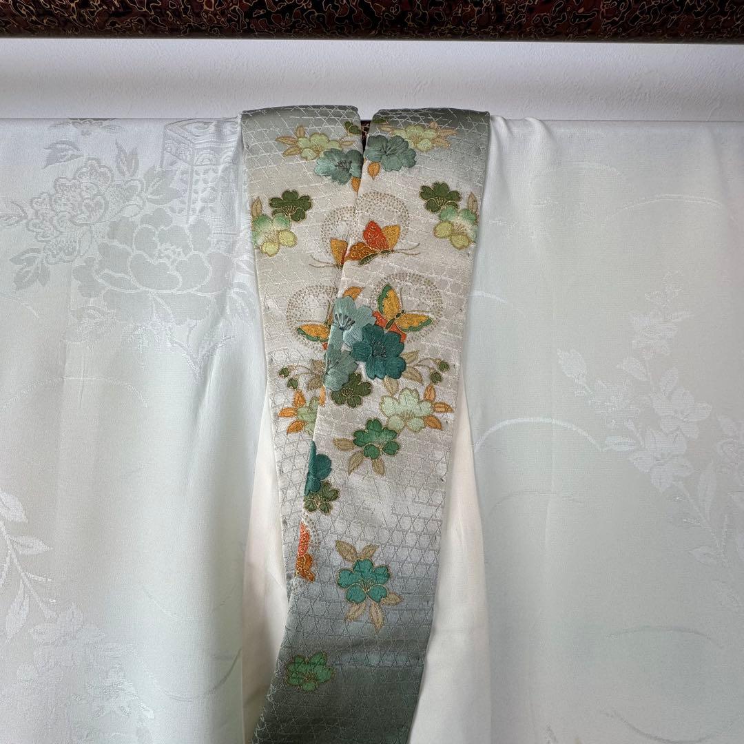 超美品　正絹　長襦袢　袖無双　着物　125　刺繍半衿　半衿付　半襟付　緑　黄緑