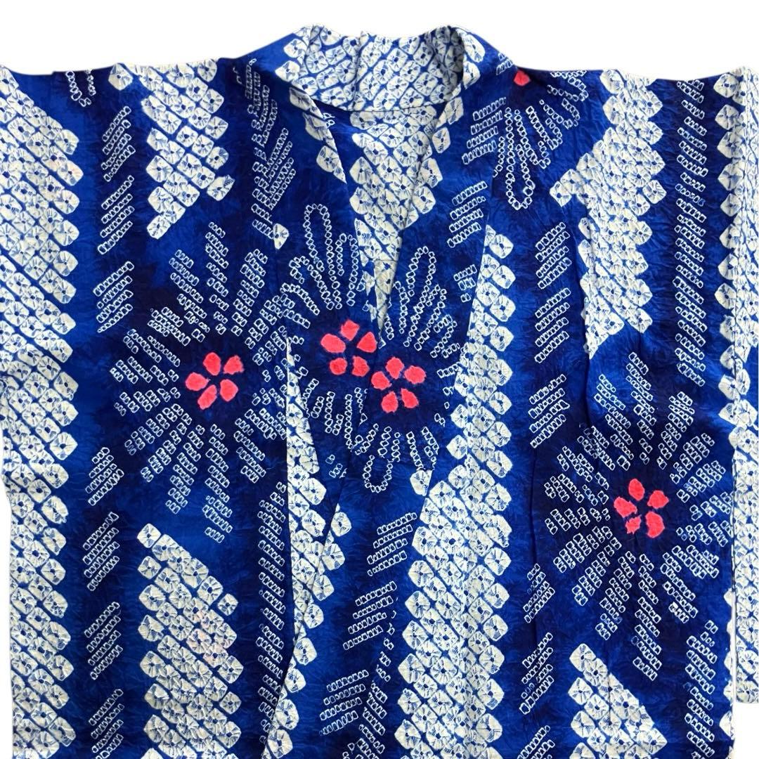 有松鳴海絞り 浴衣 青 ブルー 抽象花紋様 間道 リメイク 手縫い 逸品