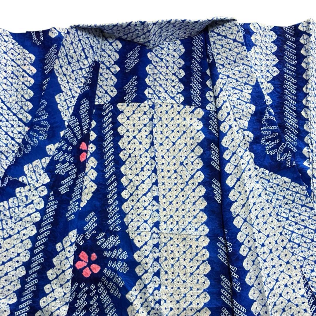 有松鳴海絞り 浴衣 青 ブルー 抽象花紋様 間道 リメイク 手縫い 逸品