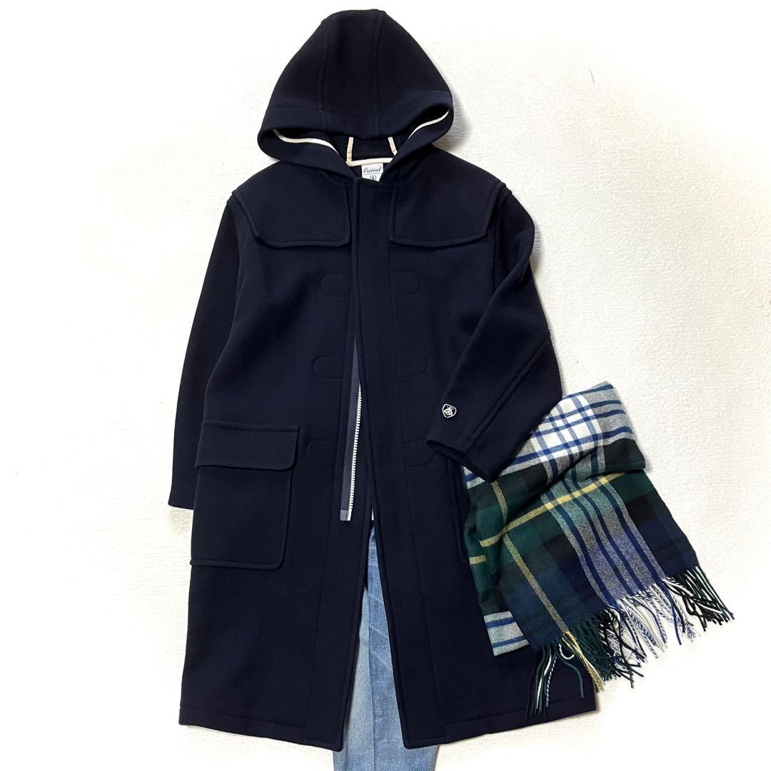 極美品 オーシバル ジーロンラム メルトン ジップ フード 比翼ウールコート 紺