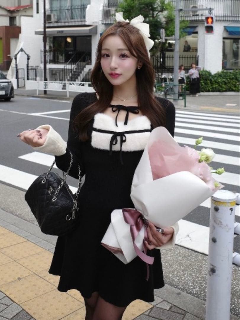 Darich ダーリッチ リボンファーフレアニットミニワンピース Freeサイズ