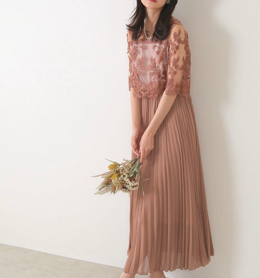 フラワー刺繍 レース 切り替え プリーツロング パーティー ドレス結婚式お呼ばれ