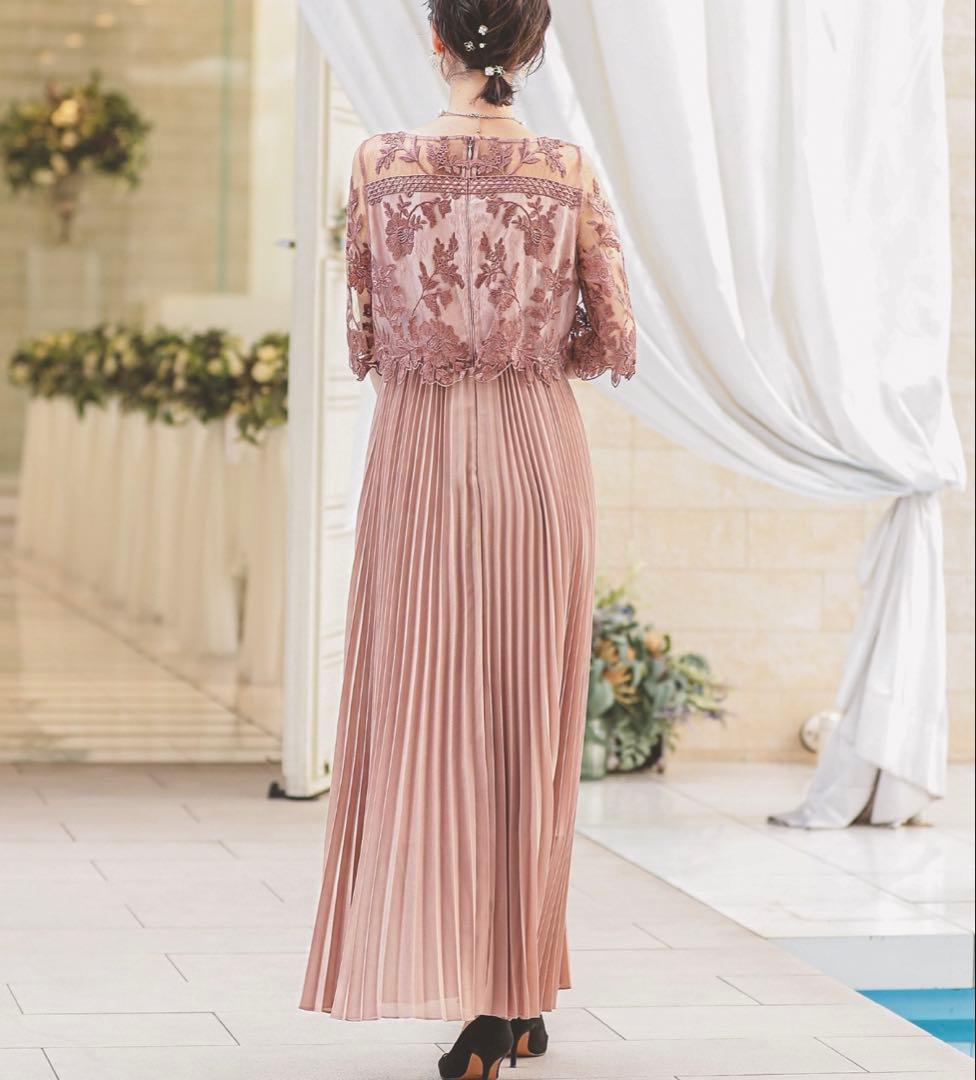 フラワー刺繍 レース 切り替え プリーツロング パーティー ドレス結婚式お呼ばれ