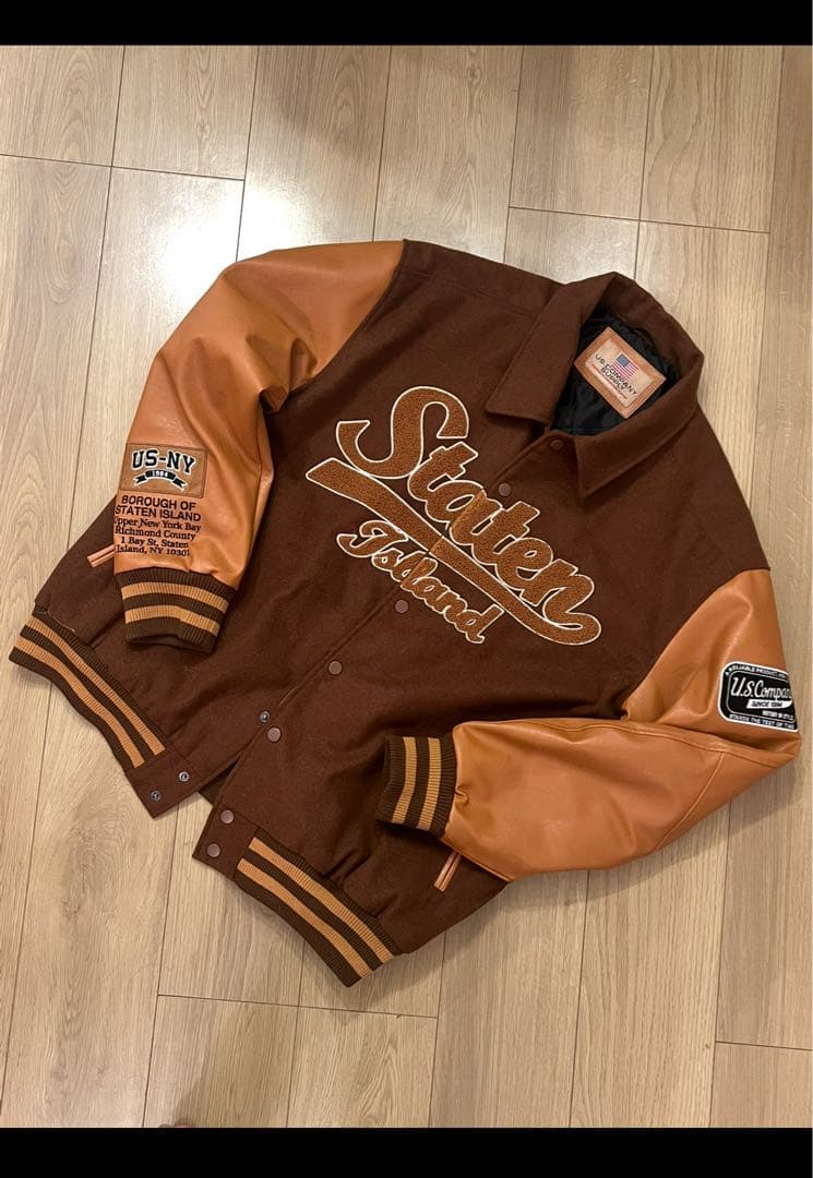 メンズ　ブラウン スタジャン レザー袖