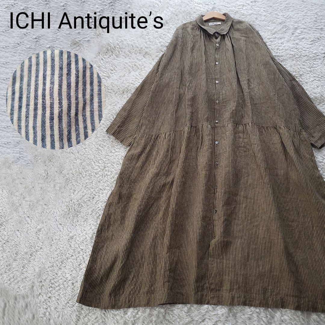 イチアンティークス リネン ストライプオーバーシャツワンピース ベージュ×グレー