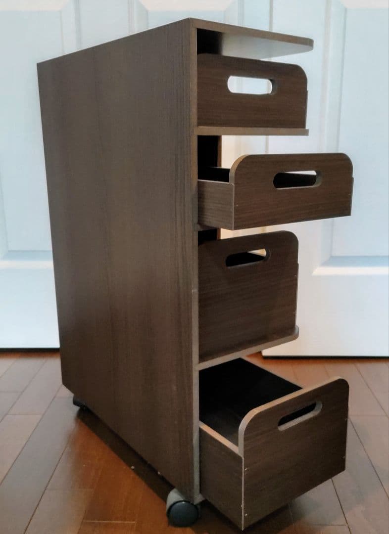 木製～スリムワゴン～収納トレー付 ４段 キャスター付 ダークブラウン