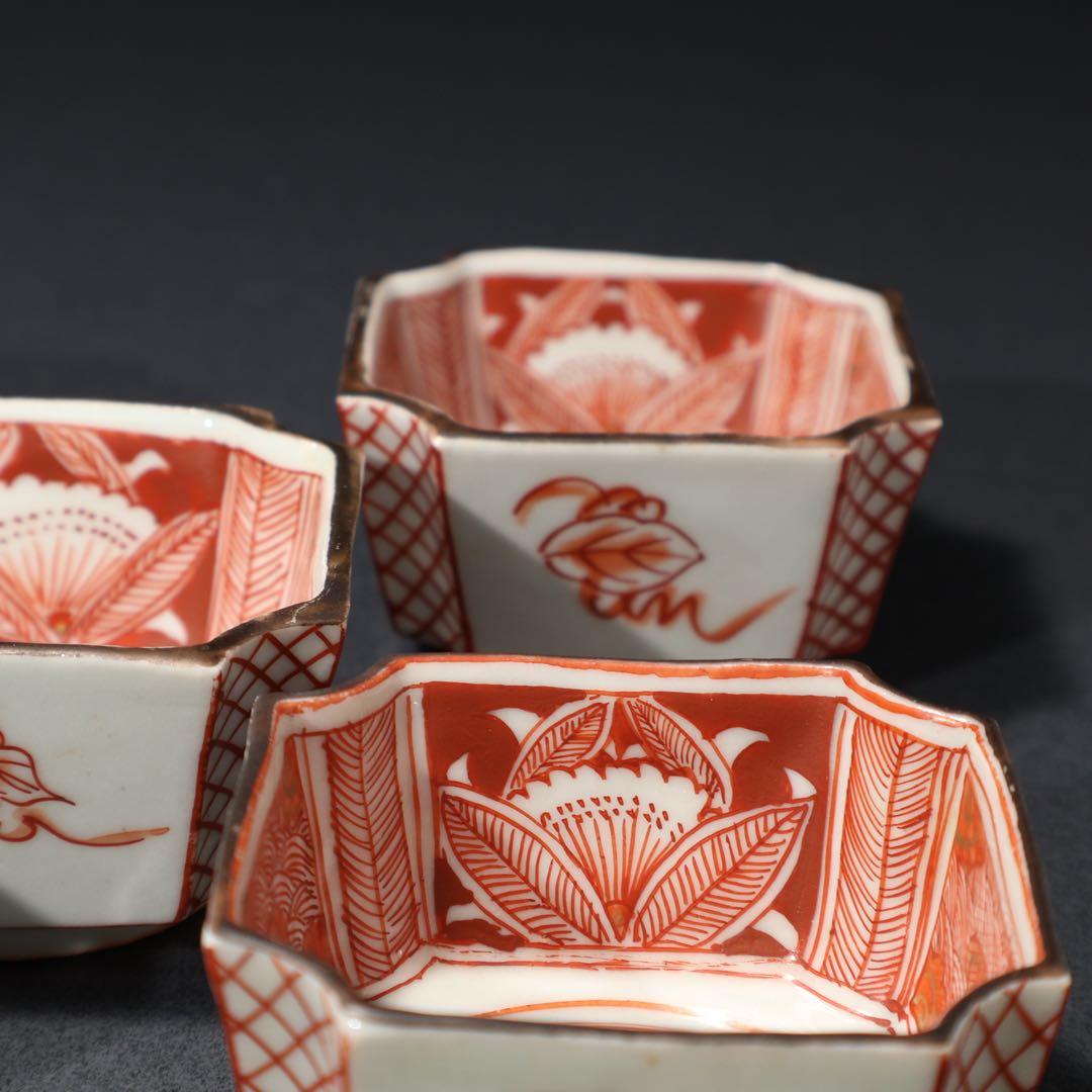 九谷赤絵　隅切　花図猪口５客　骨董　R1476wダC