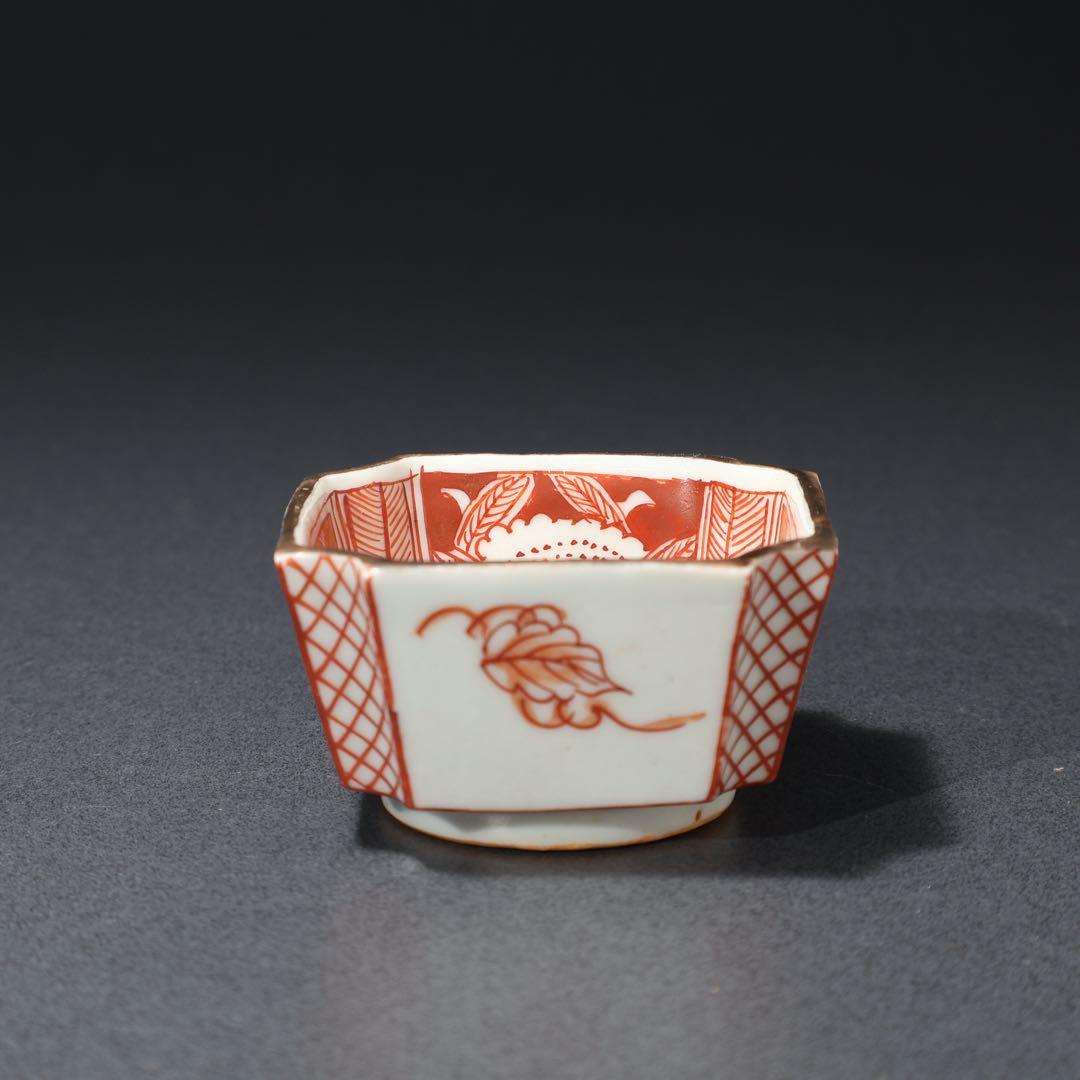 九谷赤絵　隅切　花図猪口５客　骨董　R1476wダC