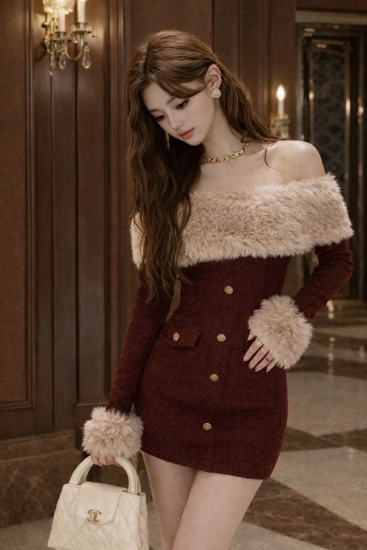 miu系穿搭 オフショル ファー ワンピース ファー 韓国 ワンホン 量産型