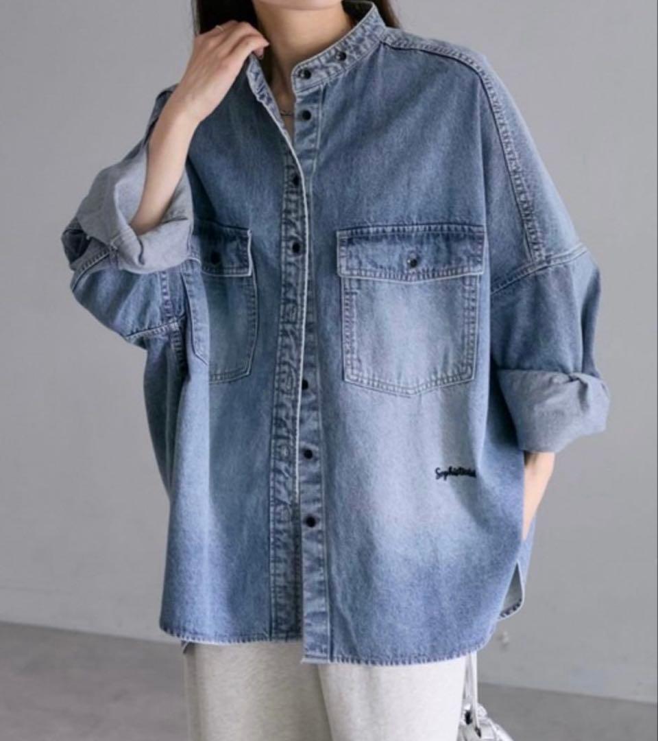 pual ce cin ヴィンテージライクデニムバンドカラーシャツ