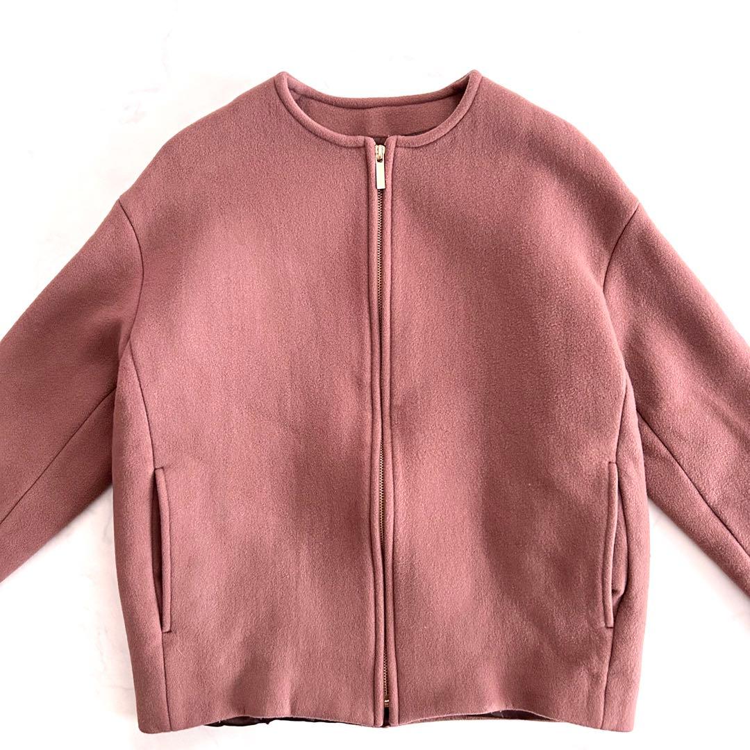 ノーブル Noble カシミヤ混カラーレスジップショートコート ブラウンピンク